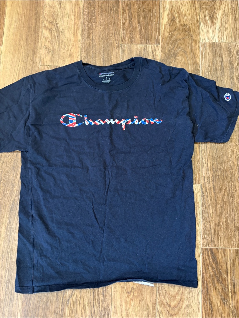 Champion Navy Tee with Red, White & Blue Script Logo